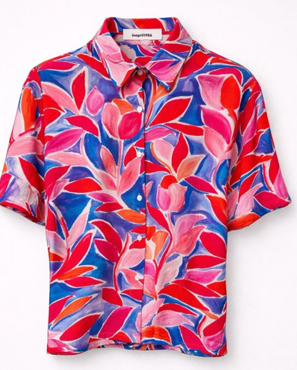 Chemisier Maya manches courtes imprimé floral tropical rouge rose bleu, blouse légère colorée femme été