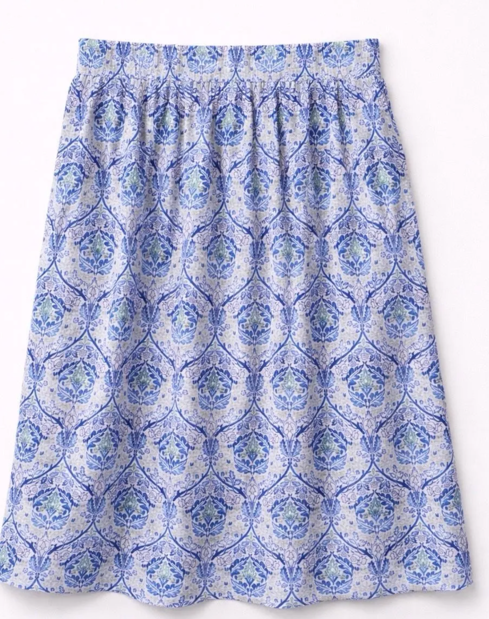 Jupe Éva midi fluide motif floral bleu et blanc style bohème chic femme taille élastique