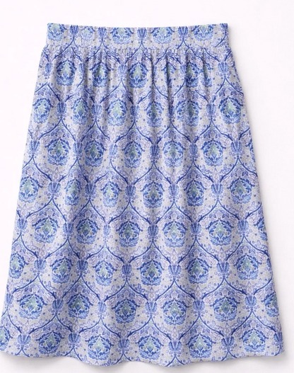 Jupe Éva midi fluide motif floral bleu et blanc style bohème chic femme taille élastique