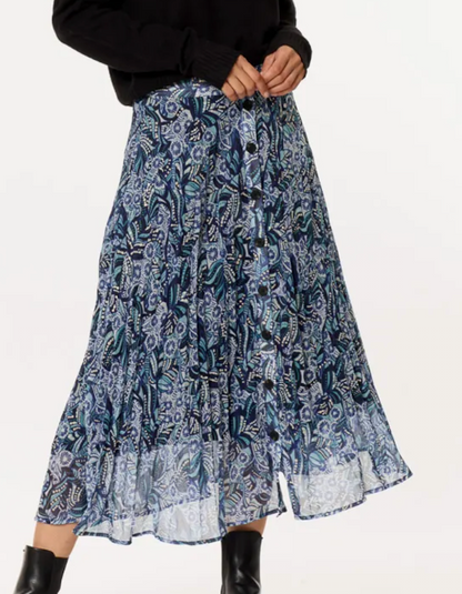 Jupe longue plissée bleu imprimé floral paisley avec boutons décoratifs style bohème femme
