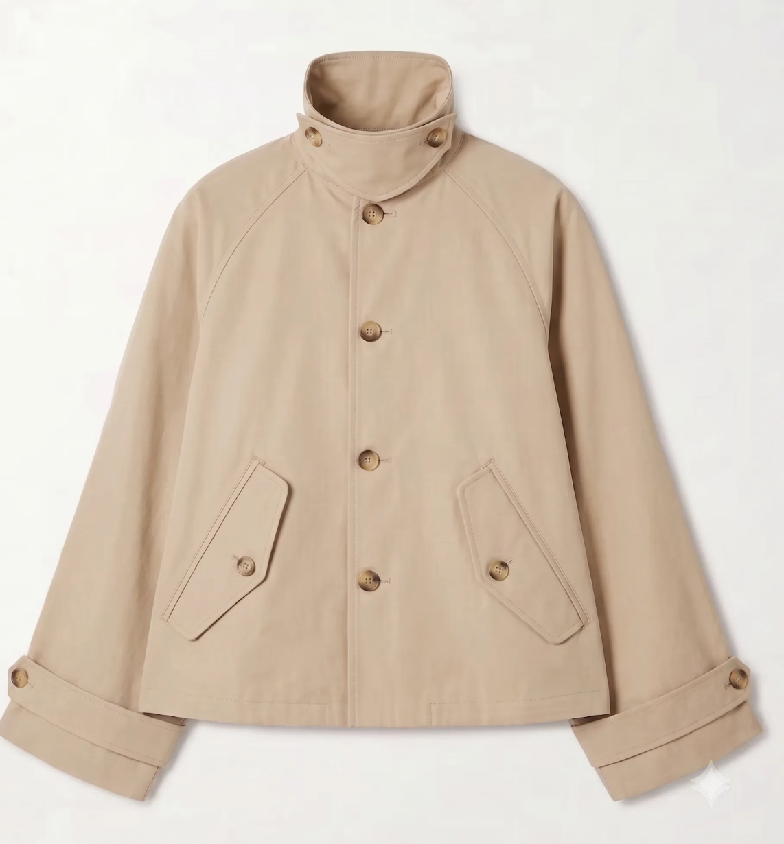 Trench Melba beige court coupe oversize col montant boutons dorés poches à rabat veste femme mi-saison