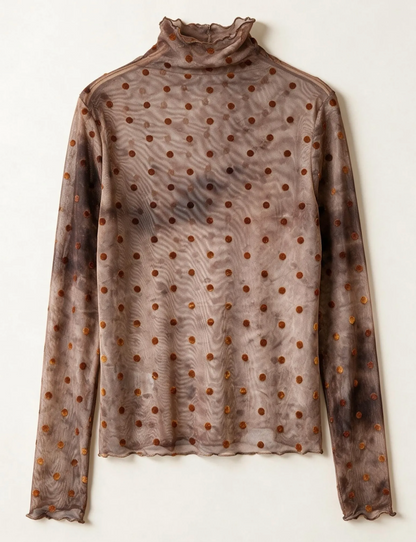 Top mesh transparent marron à pois col montant manches longues femme tendance