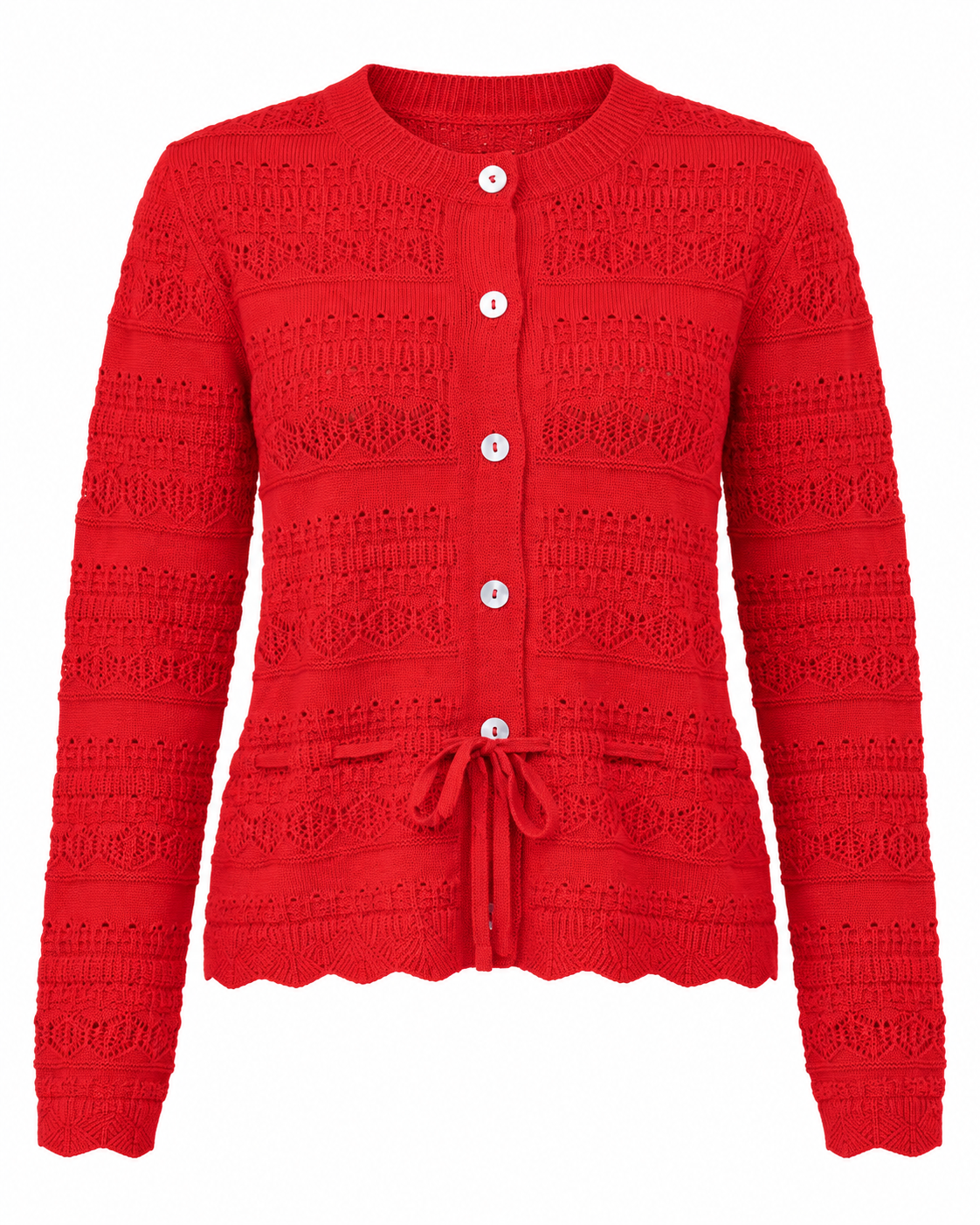 Gilet rouge ajouré femme à boutons blancs et lien taille, maille tricot motif cœur style rétro