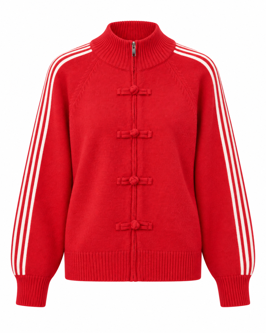 Gilet rouge zippé col montant avec brandebourgs chinois et bandes blanches sportswear femme style streetwear asiatique
