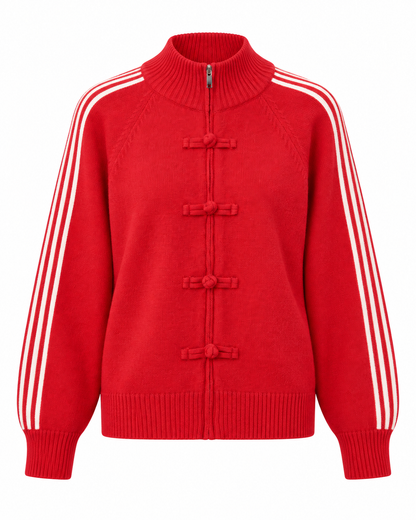 Gilet rouge zippé col montant avec brandebourgs chinois et bandes blanches sportswear femme style streetwear asiatique