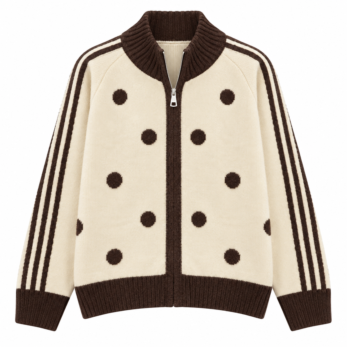 Gilet zippé beige à pois marron avec bandes contrastées style varsity femme coupe oversize