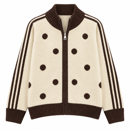 Gilet zippé beige à pois marron avec bandes contrastées style varsity femme coupe oversize