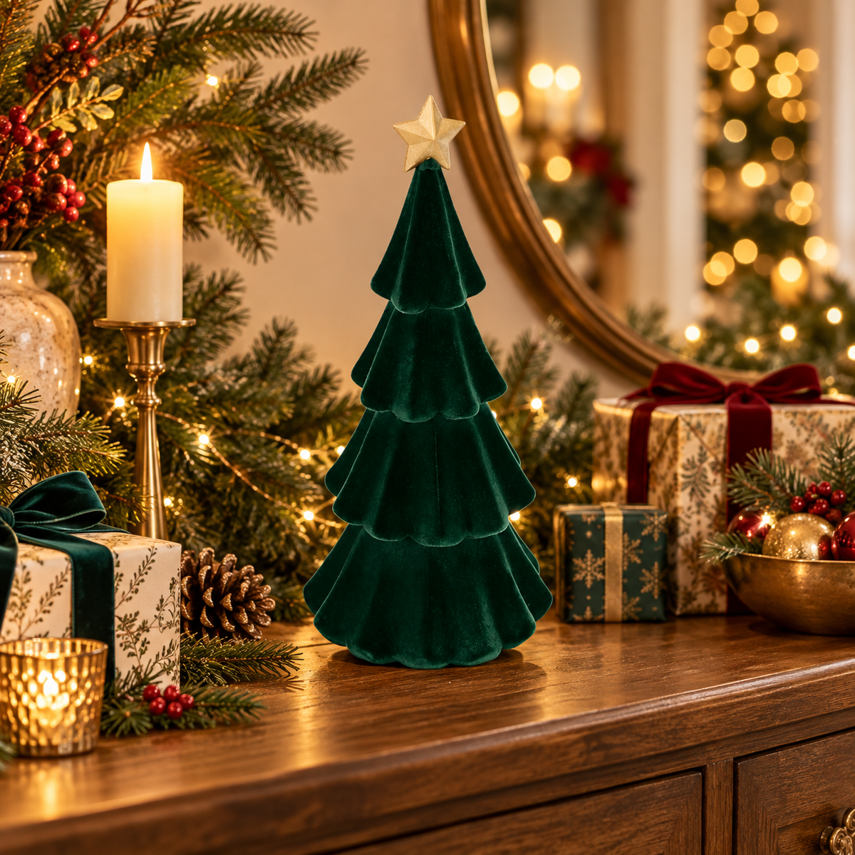 Sapin décoratif velours vert émeraude avec étoile dorée décoration de Noël élégante pour intérieur