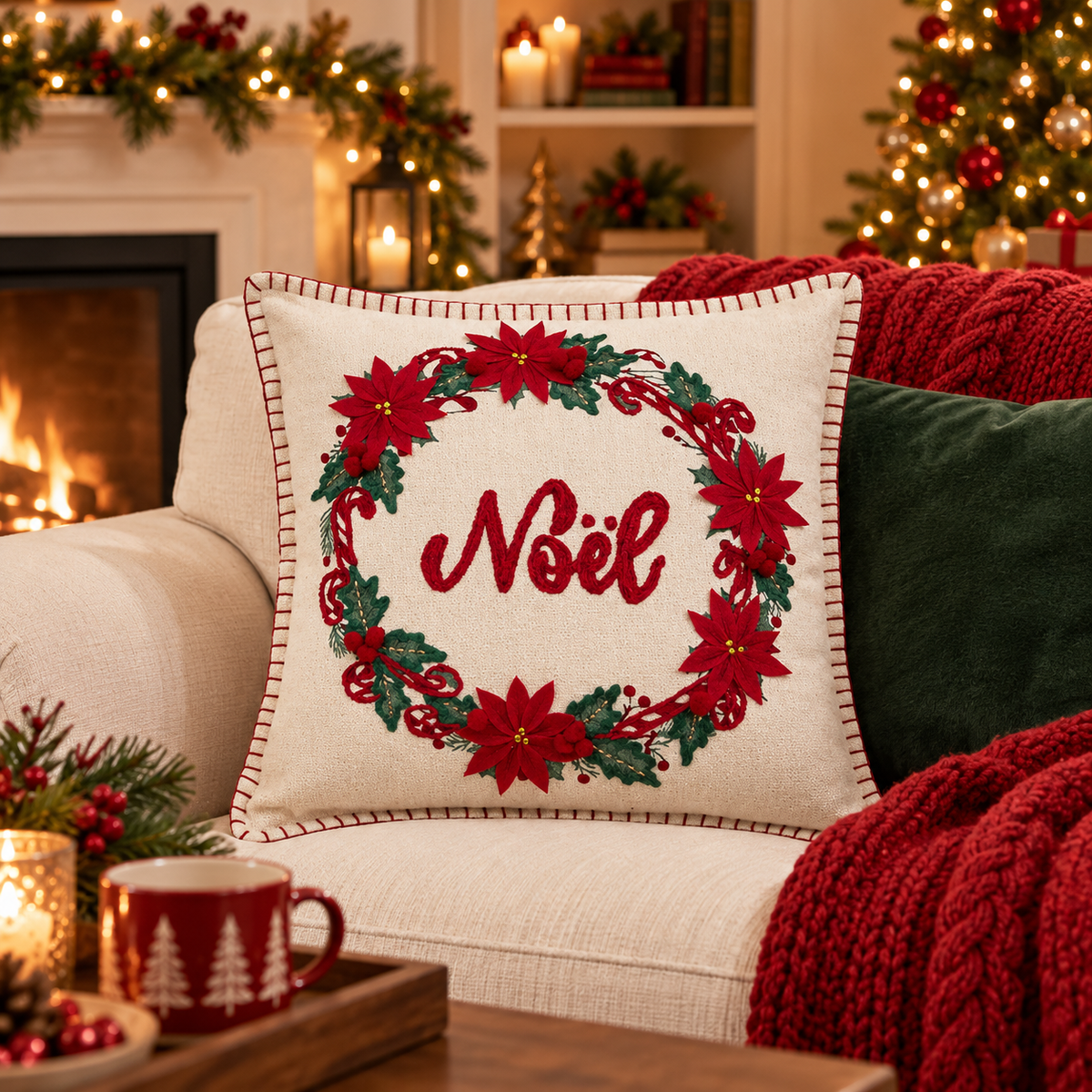 Coussin brodé Noël beige avec couronne poinsettia rouge et inscription Noel, décoration festive salon 45x45 cm