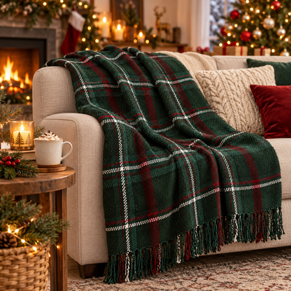 Plaid chenille tartan vert et rouge avec franges 130x180 cm posé sur canapé beige ambiance décoration Noël cosy
