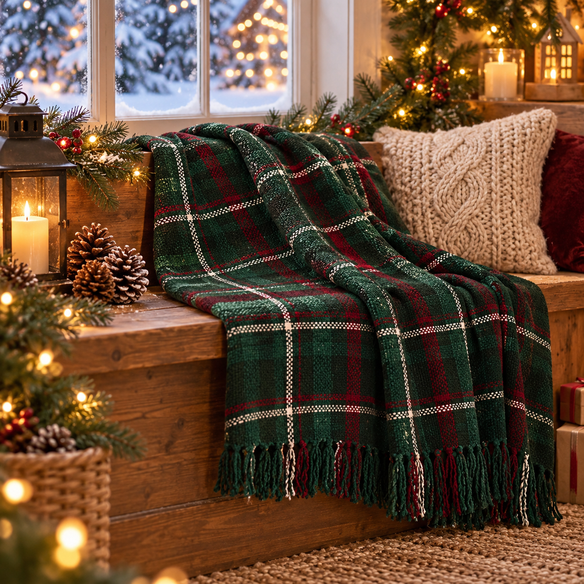 Plaid chenille tartan vert et rouge avec franges 130x180 cm, couverture déco Noël ambiance cosy sur banc en bois