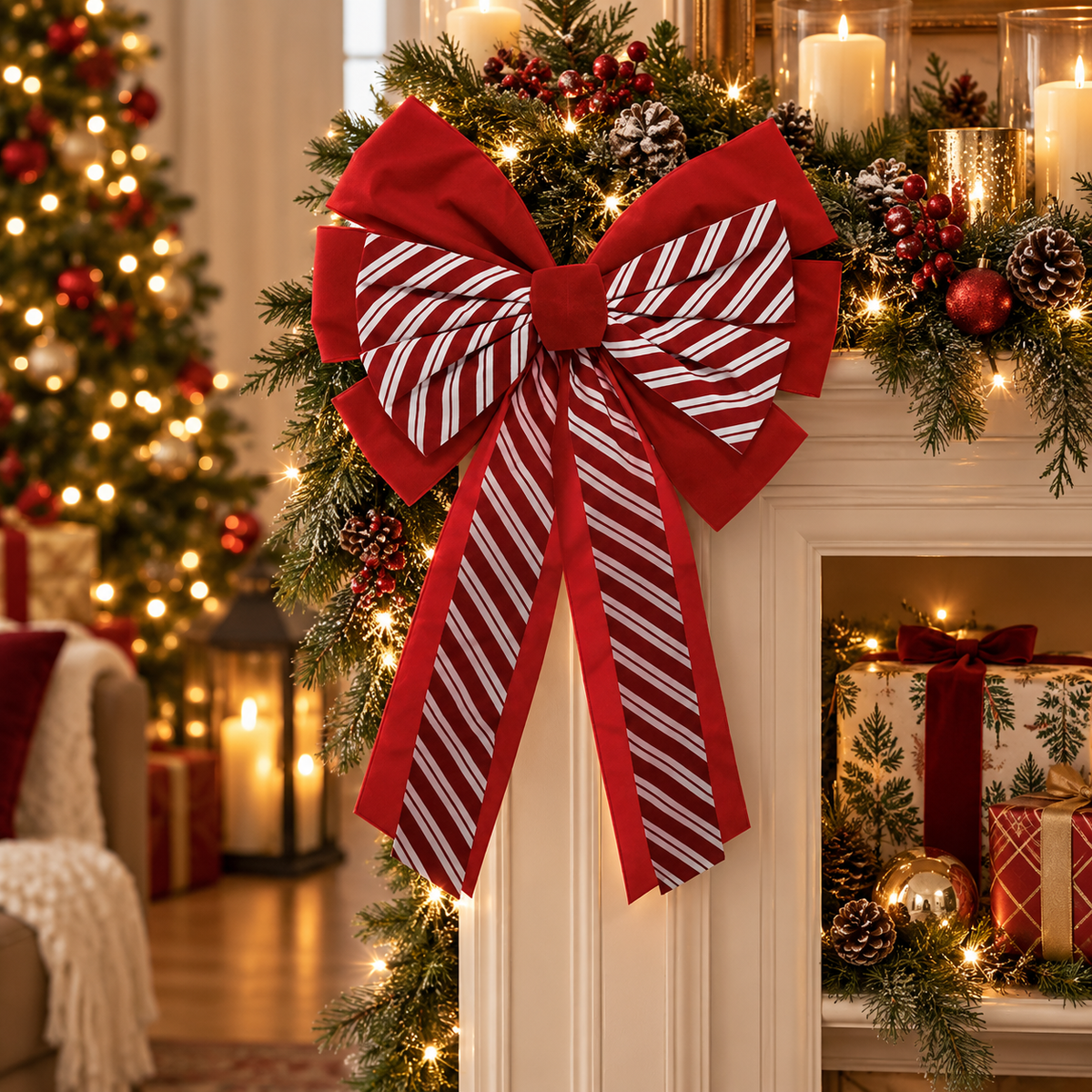 Grand nœud décoratif rayé rouge et blanc 40x60 cm style candy cane pour décoration Noël manteau cheminée