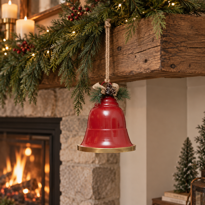 Cloche de Noël rouge métal avec bordure dorée et noeud en jute à suspendre décoration festive intérieur