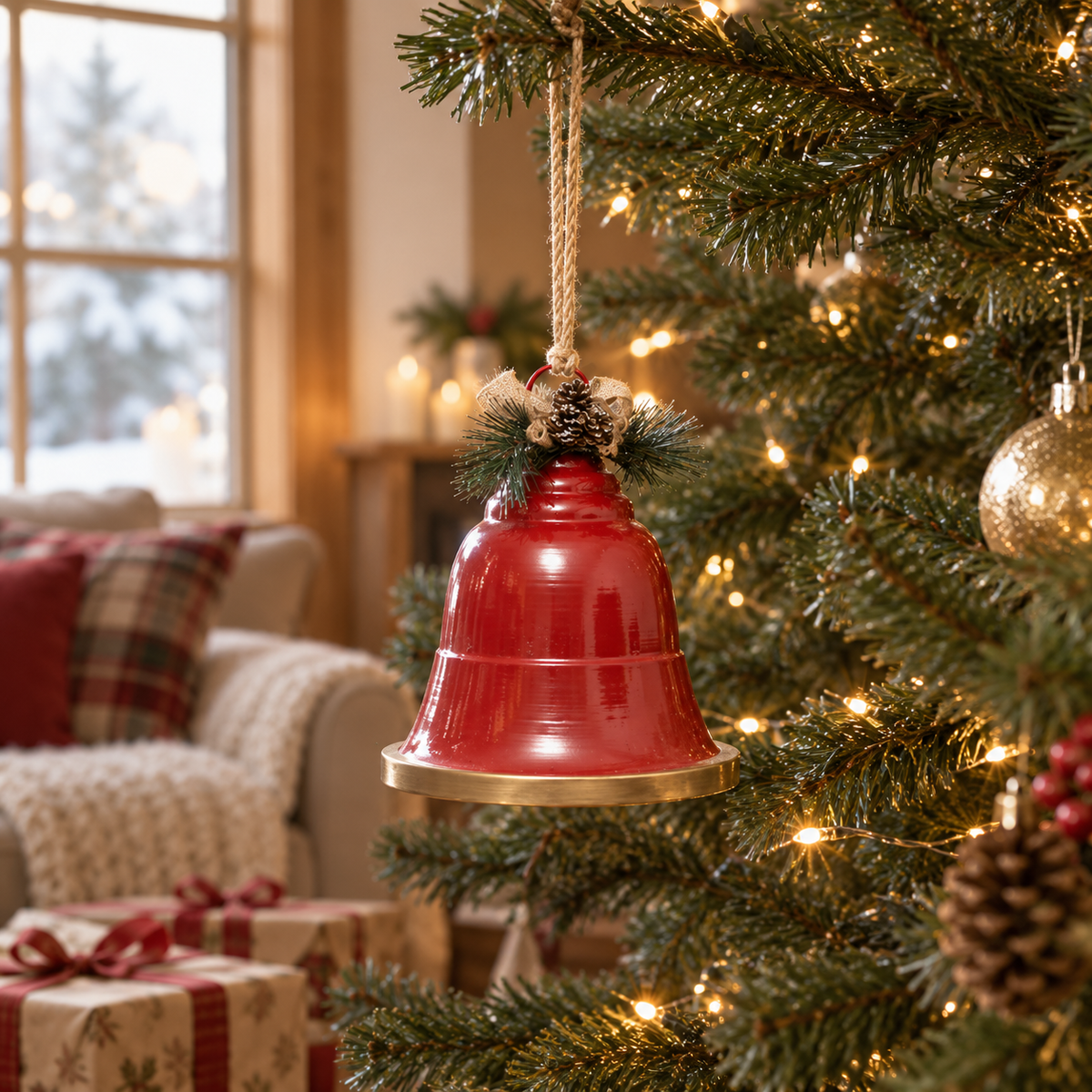 Cloche de Noël rouge métal brillant à suspendre avec pomme de pin et branche sapin décoration festive 32x39 cm