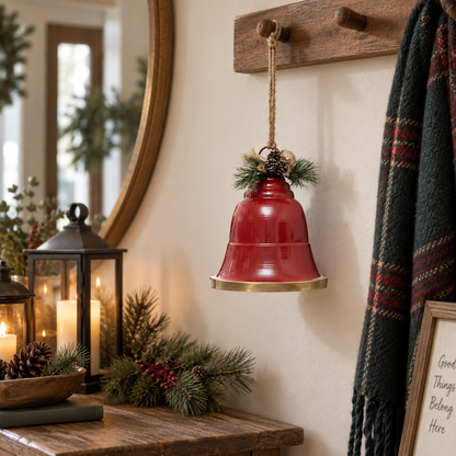 Cloche de Noël rouge métal à suspendre avec corde jute et décor pin pomme de pin style rustique 32x39 cm