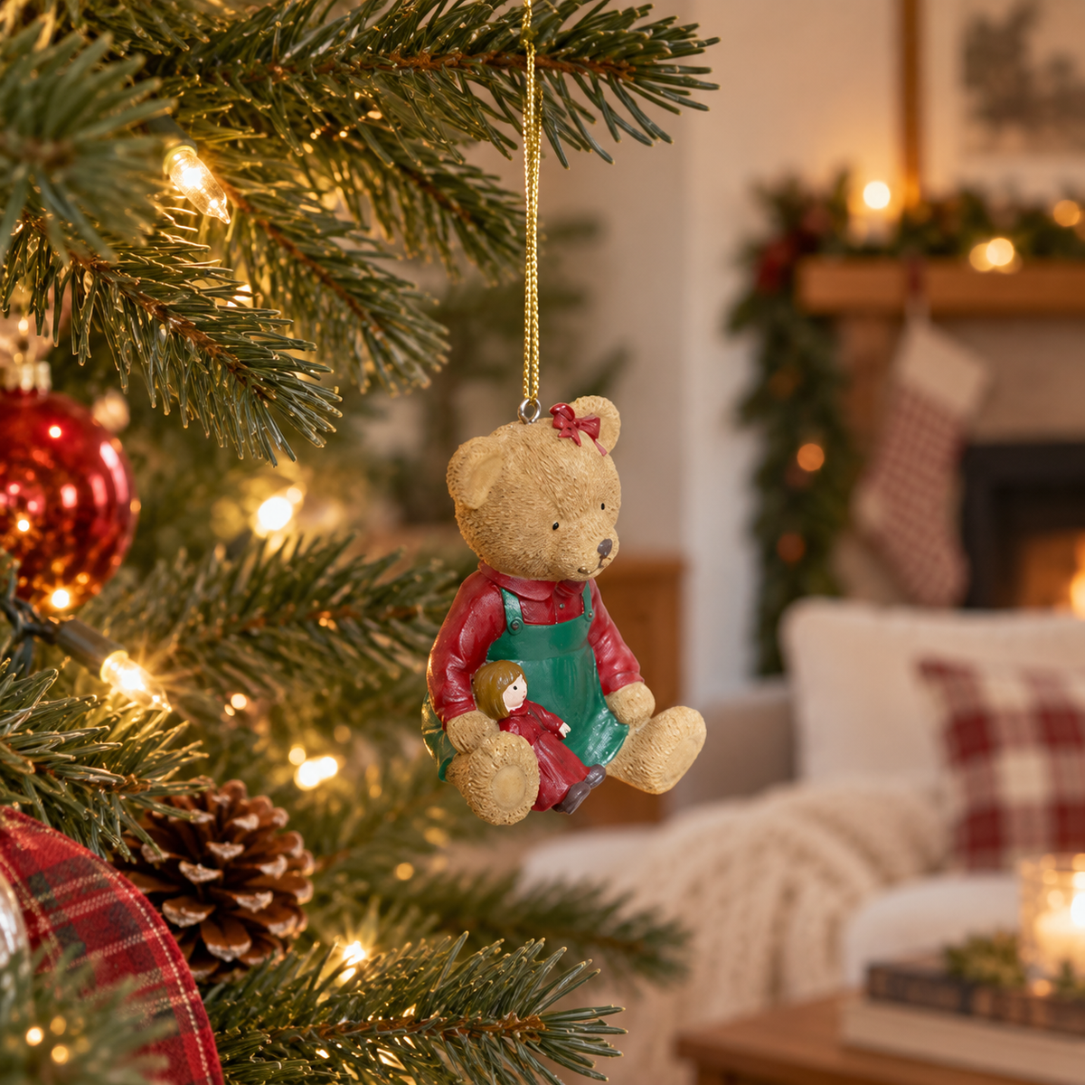 Sujet décoratif ourson résine 8 cm salopette verte avec poupée décoration sapin Noël traditionnelle