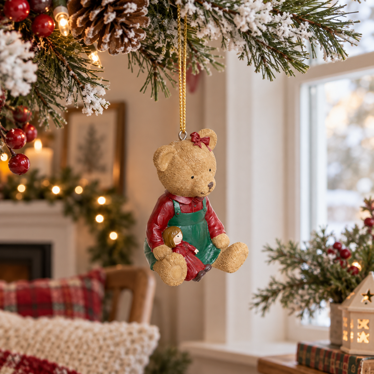 Sujet déco Noël ourson résine 8 cm avec poupée, tenue rouge et verte, décoration sapin festive traditionnelle