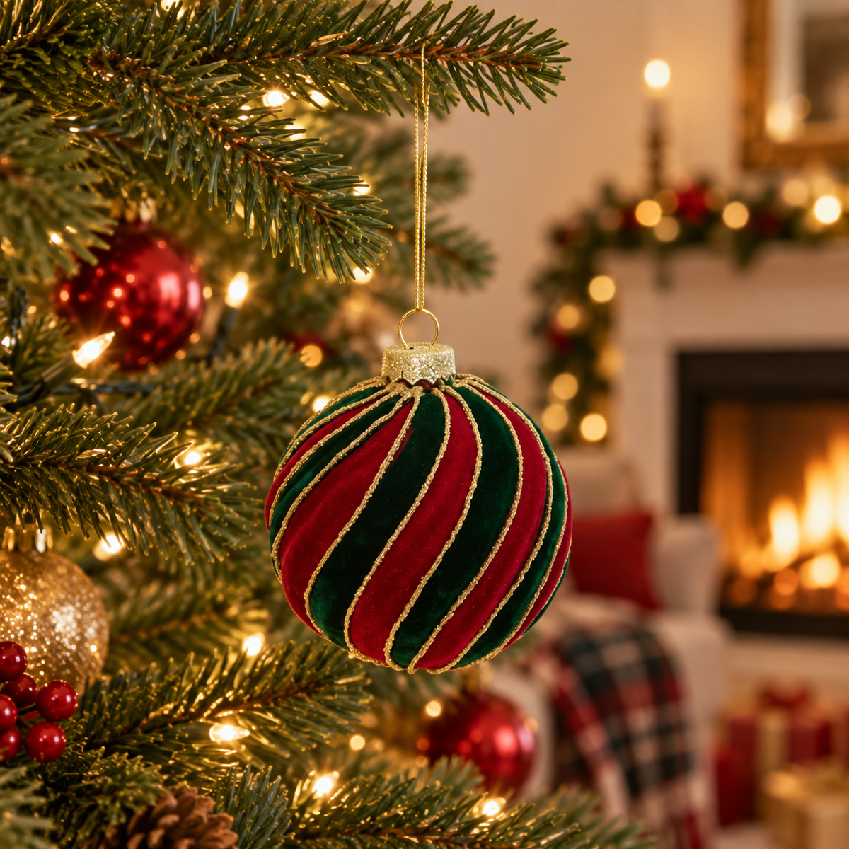 Boule de Noël en verre velours rayé rouge et vert avec liserés dorés décoration sapin festive diam 8 cm