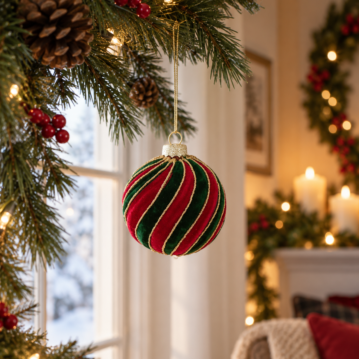 Boule de Noël en verre velours rayé rouge et vert avec liseré doré décoration sapin festive diam 8 cm