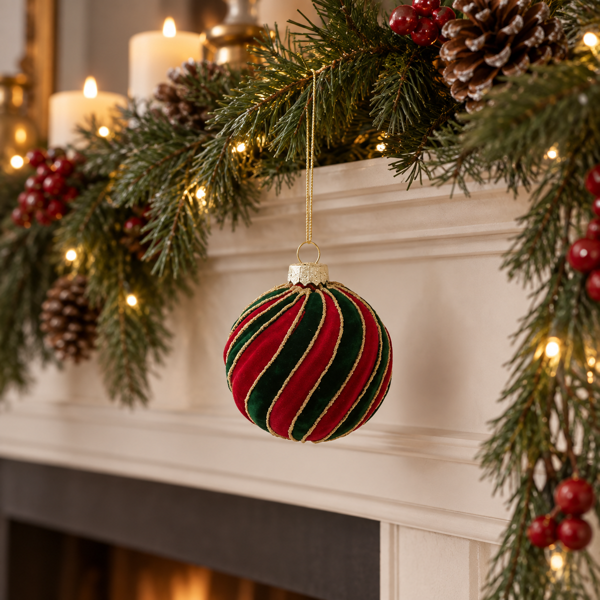 Boule de Noël en verre velours rayé rouge et vert avec liseré doré décoration sapin festive diamètre 8 cm