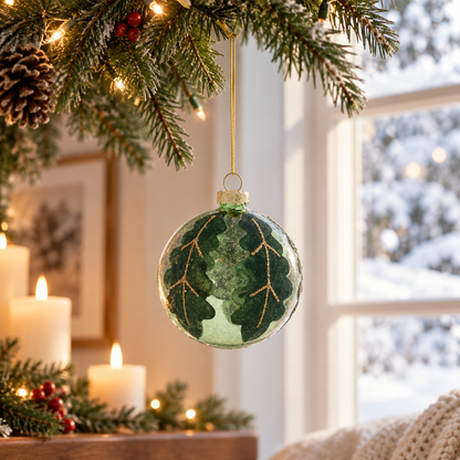 Boule de Noël en verre vert givré 8 cm avec décor feuilles et branches dorées scintillantes déco sapin végétal chic