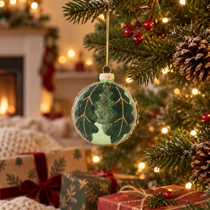 Boule de Noël en verre vert givrée décor feuilles dorées 8 cm suspension sapin décoration végétale festive