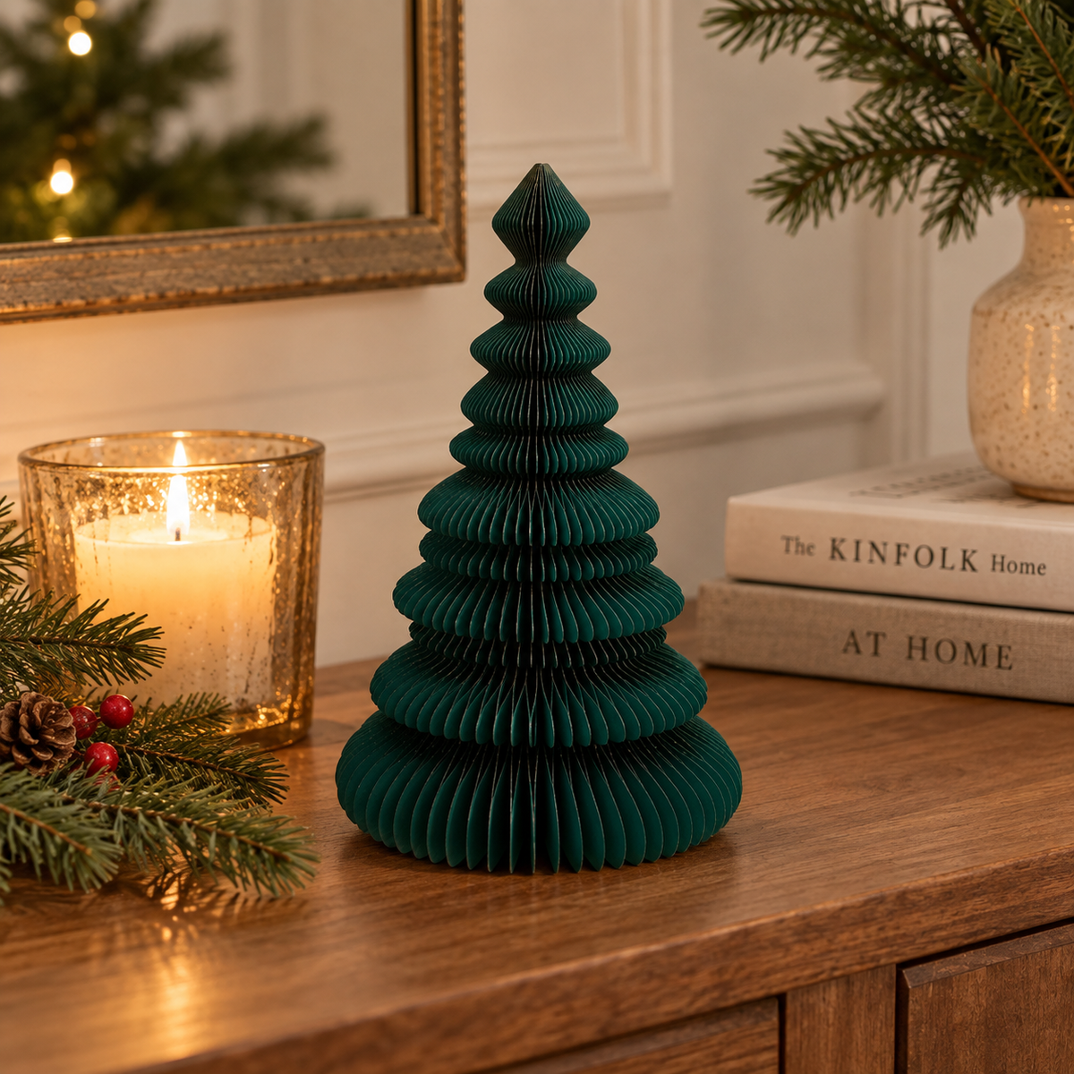 Sapin de Noël décoratif en papier alvéolé vert foncé 60 cm style origami scandinave pour décoration intérieure festive