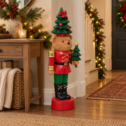 Casse-noisette ours en résine rouge et vert avec sapin décoratif 51cm figurine déco Noël traditionnelle