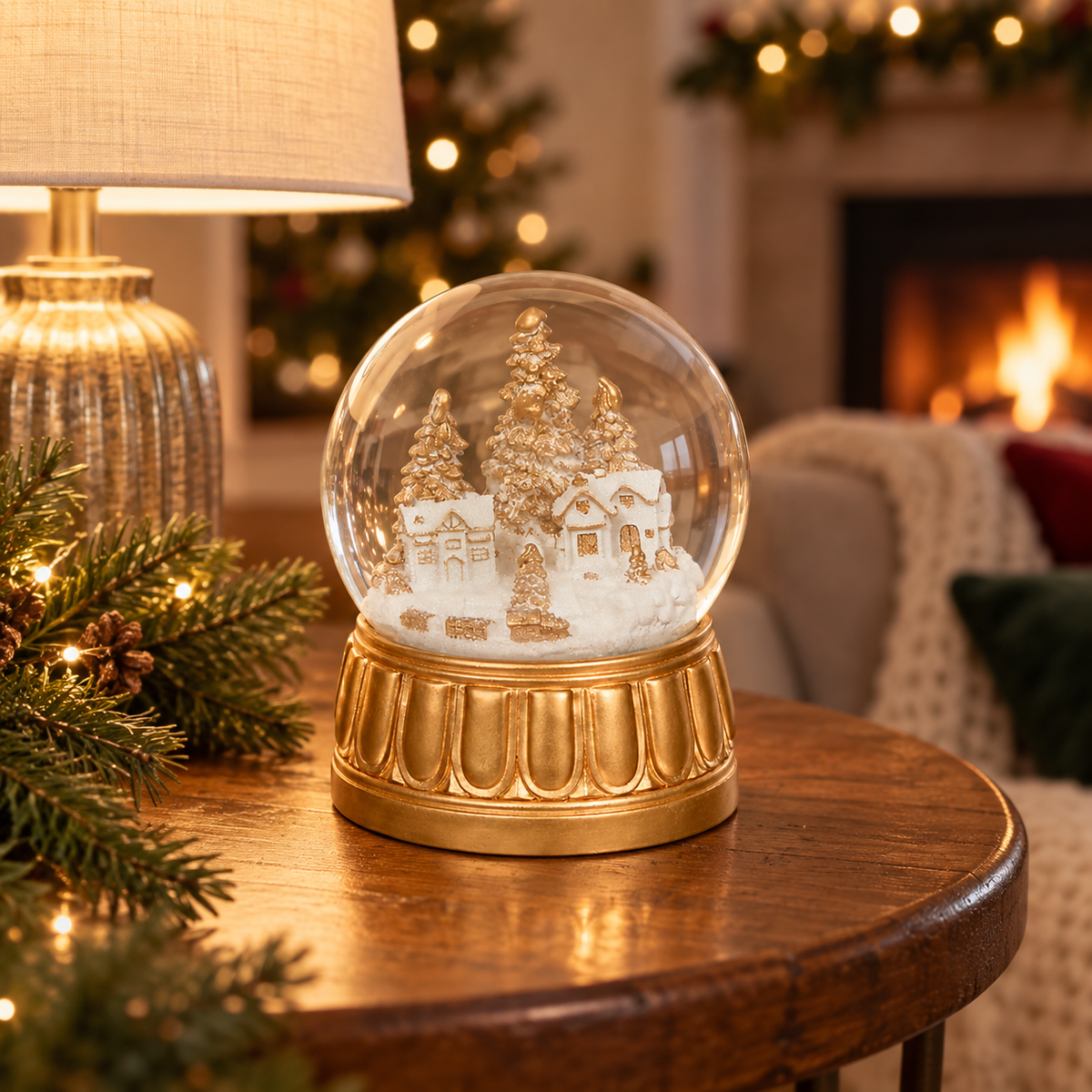 Boule à neige lumineuse décor village doré et blanc sur socle or diamètre 15 cm décoration Noël élégante