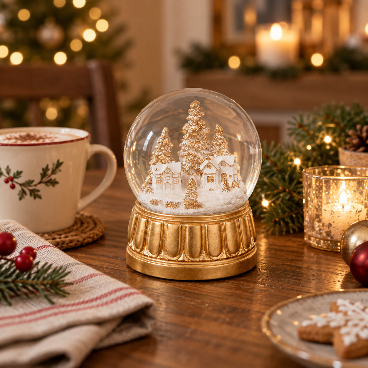 Boule à neige décorative dorée village enneigé LED 15 cm décoration Noël lumineuse pour table fête
