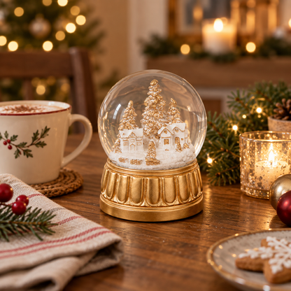 Boule à neige décorative dorée village enneigé LED 15 cm décoration Noël lumineuse pour table fête
