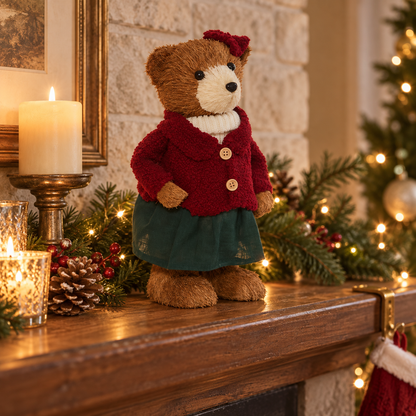Ourson décoratif polystyrène 35 cm habillé pull rouge et jupe verte décoration Noël manteau cheminée