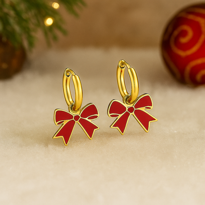 Boucles d’oreilles Nœud Rouge – Bijou festif doré