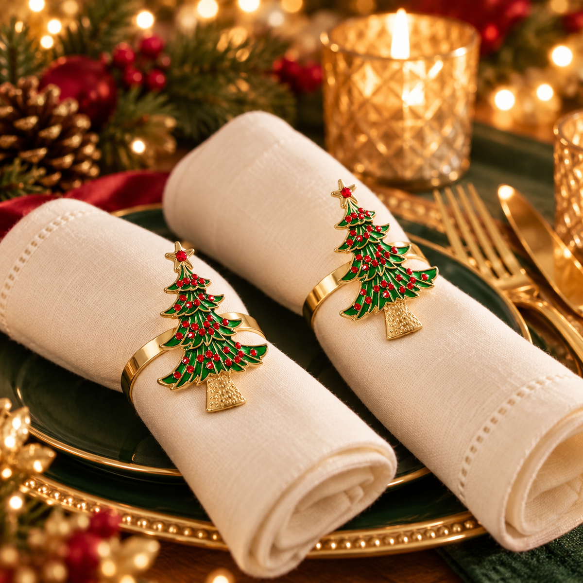 Lot de 2 ronds de serviette sapin de Noël en métal doré émaillé vert et rouge, décoration table festive