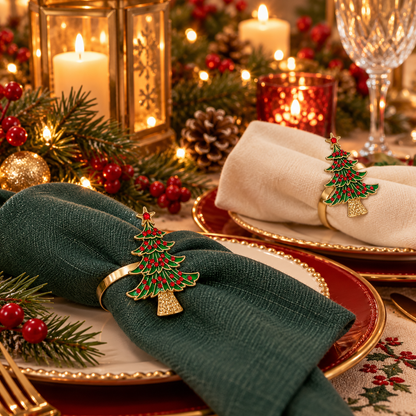 Lot de 2 ronds de serviette sapin de Noël dorés avec strass rouges, décoration table festive élégante