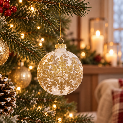 Boule de Noël en verre transparent motif feuilles dorées diam 8 cm décoration sapin élégante festive