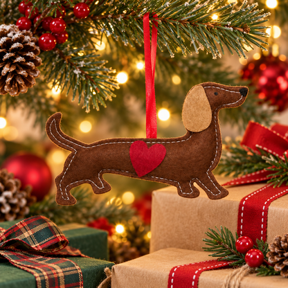 Suspension décoration Noël teckel en feutrine marron avec cœur rouge à suspendre sapin 13 cm