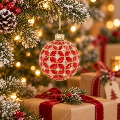 Boule de Noël en verre rouge motif pétales dorés 8 cm décoration sapin élégante