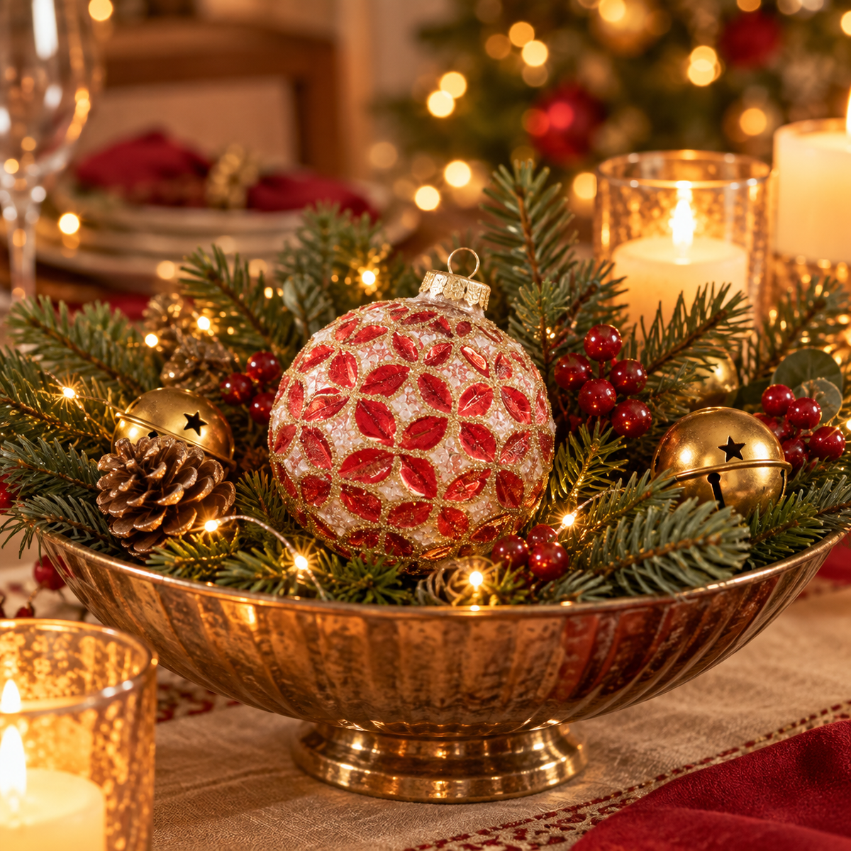 Boule de Noël en verre rouge motif pétales dorés 8 cm décoration sapin élégante dans coupe bronze avec branches sapin