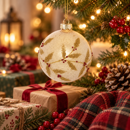 Boule de Noël en verre blanc cassé motif houx doré pailleté avec baies rouges décoration sapin festive 8 cm