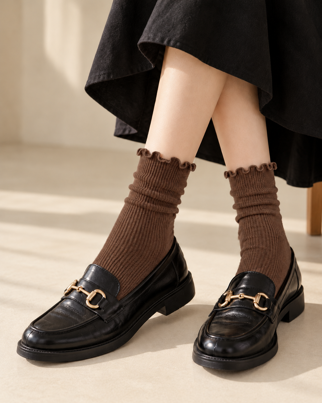 Chaussettes côtelées à volants - Bordure ondulée féminine