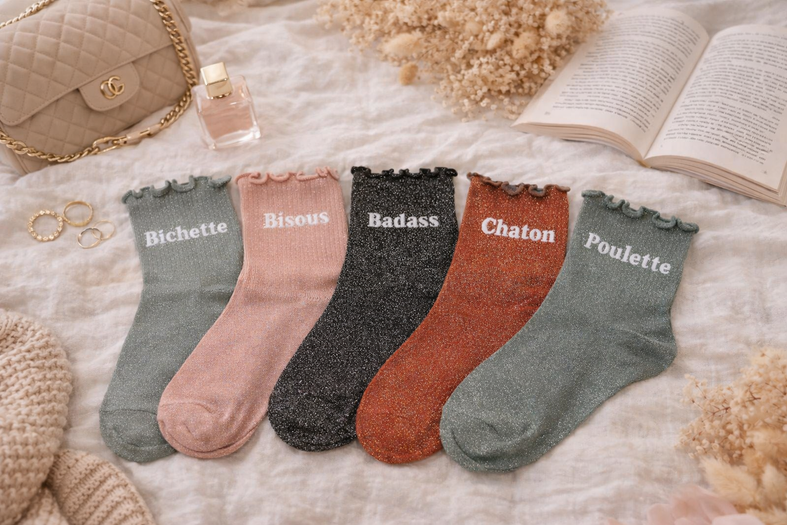 Chaussettes à paillettes messages avec finition festonnée