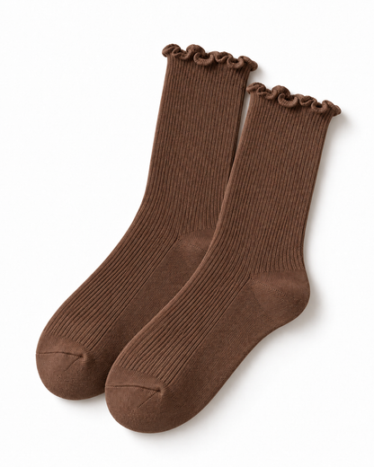 Chaussettes côtelées marron à volants femme, chaussettes hautes élégantes en coton doux style vintage