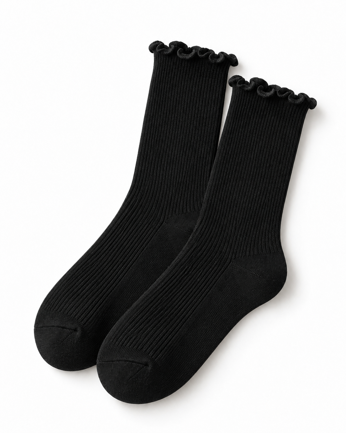 Chaussettes côtelées noires à volants femme, bord ondulé élégant, style preppy chic