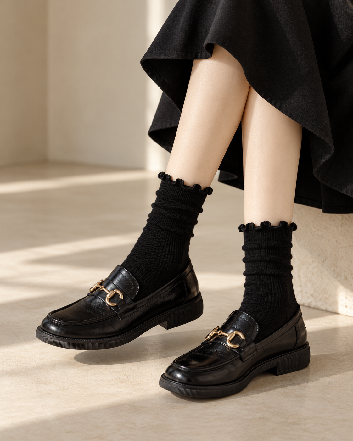 Chaussettes côtelées noires à volants femme portées avec mocassins cuir, style preppy chic