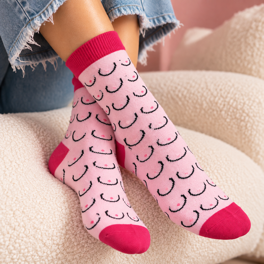 Chaussettes roses motif poitrine Octobre rose femme avec détails fuchsia engagées sensibilisation cancer du sein