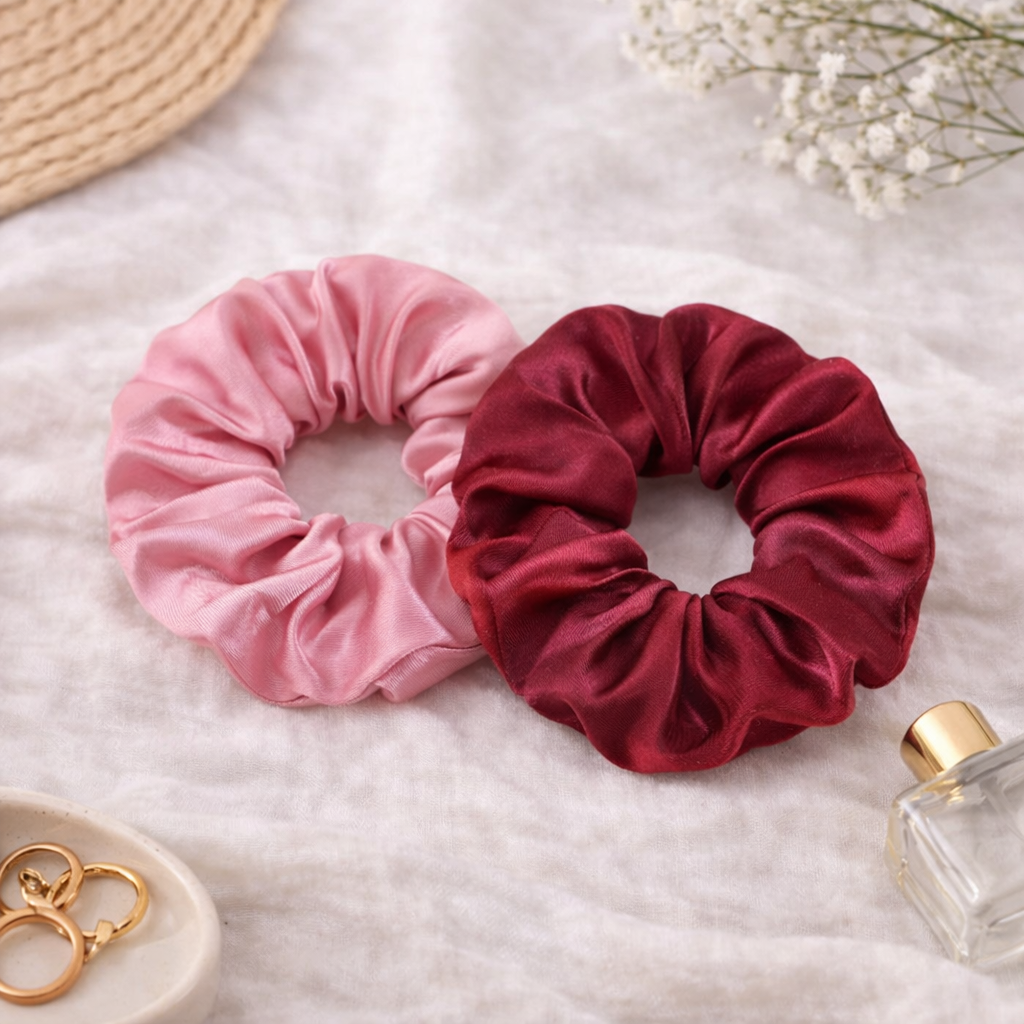 Chouchous en satin bordeaux et rose diamètre 10 cm, accessoire cheveux élégant