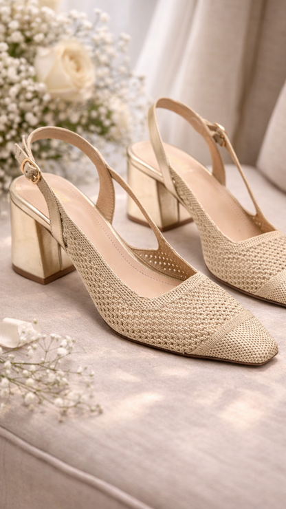 Escarpins beige slingback avec talon bloc doré élégants cérémonie