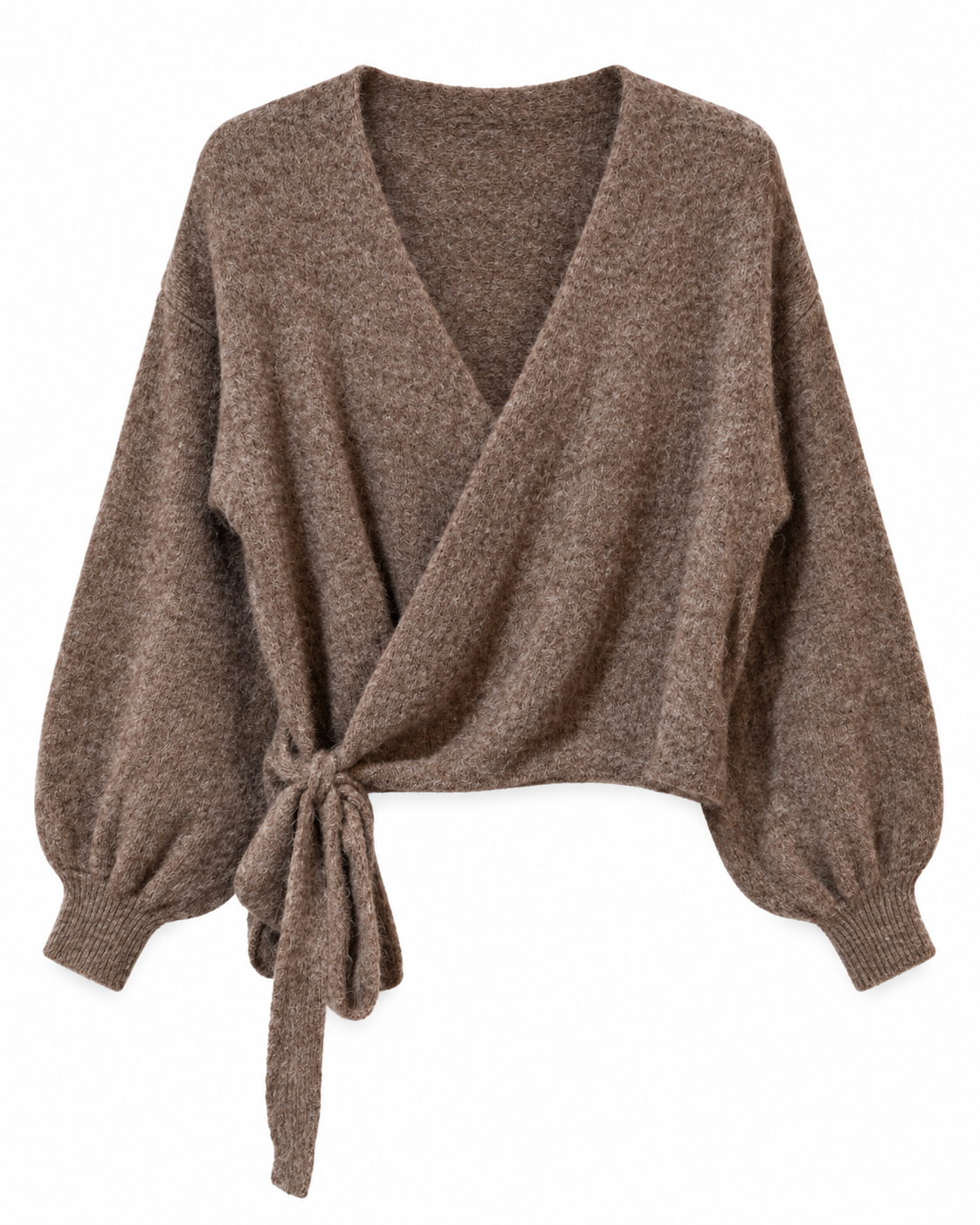 Gilet portefeuille Sarah taupe en maille douce manches bouffantes avec lien à nouer femme