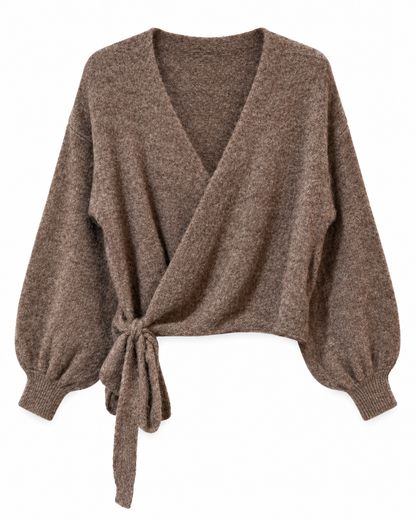 Gilet portefeuille Sarah taupe en maille douce manches bouffantes avec lien à nouer femme